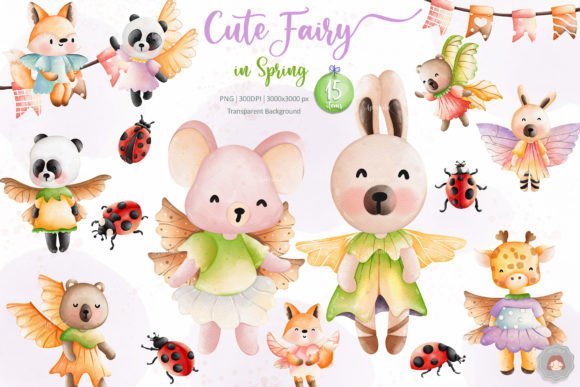 Watercolor Cute Animal Fairy Spring Set: Whimsical Design Assets